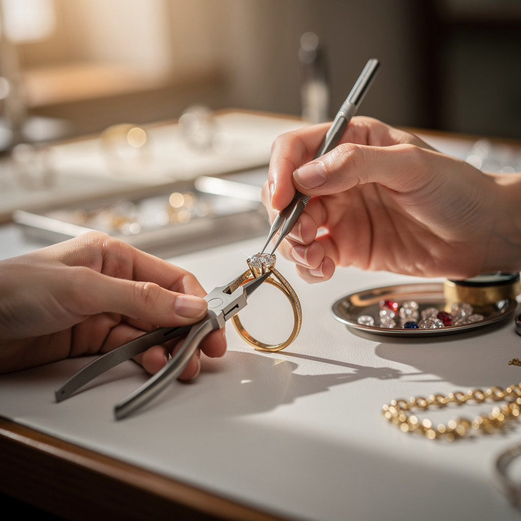 Joyeria Garcia's expert jeweler performing a delicate ring repair in San Diego
